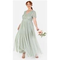 Maya Deluxe Women/'s Ladies Maxi Dress Sequin Embellished Floral V-Neck Short Sleeve Tulle Skirt A-line for Wedding Guest Ball Gown, Green Lily, 20