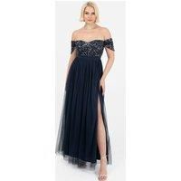 Maya Deluxe Women's Embellished Sweetheart Bardot Maxi Dress in Dark Navy | Size: 16