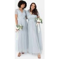 Maya Deluxe Women's Belted Stripe Embellished Maxi Dress in Pale Blue | Size: 16