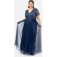 Maya Deluxe Women's Belted Stripe Embellished Maxi Dress in Navy | Size: 8