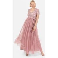 Maya Deluxe Women's Belted Stripe Embellished Maxi Dress in Dusty Pink | Size: 6