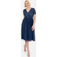 Maya Deluxe Women's Short Sleeve V Neck Embellished Midi Dress in Navy | Size: 12
