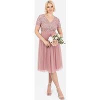 Maya Deluxe Women/'s Embellished Midi Evening Dress Ladies V Neckline with Short Sleeve for Prom Wedding Bridesmaid, Vintage Rose, 12