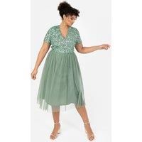 Maya Deluxe Women's Short Sleeve V Neck Embellished Midi Dress in Dark Green | Size: 10