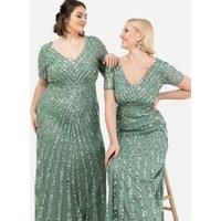 Maya Deluxe Women's Short Sleeve Stripe Embellished Maxi Dress in Dark Green | Size: 18