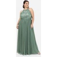 Maya Deluxe Women's Embellished Halter Neck Maxi Dress in Dark Green | Size: 16