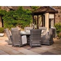 8 Reclining Rattan Garden Chairs & Large Round Fire Pit Dining Table in Grey - Fiji - Rattan Direct