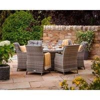 6 Seat Rattan Garden Dining Set With Round Table in Grey With Fire Pit - Riviera - Rattan Direct