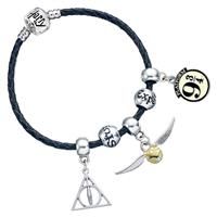 Harry Potter Charm Set- Black Leather Bracelet/Deathly Hallows/Snitch/Platfrom 9 3/4/ 2 Spellbeads- HP0091