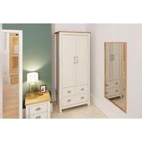 Timber Art Design UK Lisbon Double Door Wardrobe with Drawers, Oak Top Cupboard with Hanging Shelf and Metal Handles - Bedroom Furniture Storage - Cream