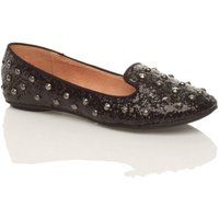 AJVANI Women's Flat Heel Studded Glitter Loafers Ballet Pumps in Black | Size: 3