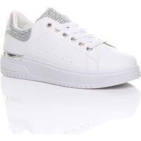 WOMENS LADIES DIAMANTE CRYSTAL GLITTER SPARKLY LACE UP PLATFORM TRAINERS SIZE