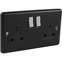 2 GANG 13AMP DP SWITCHED SOCKET MATT BLACK POLISHED CHROME WINDSOR RANGE BLACK TRIM UNITED ELECTRICAL