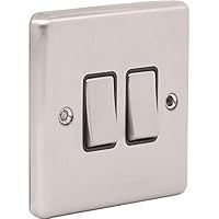 2 Gang Double Light Switch, Brushed Steel Satin Stainless, 2-Way, 10AX (W02BSB)