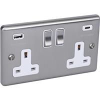 Wessex Electrical Wessex Brushed Steel White USB A & C Type Switched Socket 2 Gang 3.1A in Silver