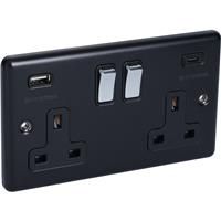 Wessex Electrical Wessex Matt Polished Chrome USB A & C Type Switched Socket 2 Gang 3.1A in Black Steel
