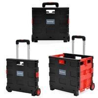 Foldable Plastic Shopping Trolley - Lightweight Teacher's Book Cart - Wheeled Folding Storage Box with Aluminium Handle - Black - 35KG