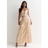 Gini London Women's Champagne Satin Ruffle Maxi Skirt in Cream | Size: 10