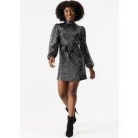 Black High Neck Long Sleeves Belted Sequin Dress