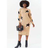 Gini London Women's Camel Star Knit Oversized Jumper Dress | Size: Small/Medium