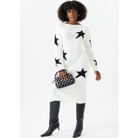 Gini London Women's White Star Knit Oversized Jumper Dress | Size: Small/Medium