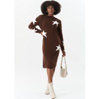 Gini London Women's Brown Star Knit Oversized Jumper Dress | Size: Medium/Large