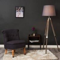 Modern Distressed Wood and Silver Chrome Tripod Floor Lamp with a Grey Tapered Light Shade