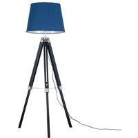 MiniSun Modern Black Wood and Silver Chrome Tripod Floor Lamp with a Navy Blue Tapered Light Shade