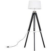 MiniSun Modern Black Wood and Silver Chrome Tripod Floor Lamp with a White Tapered Shade