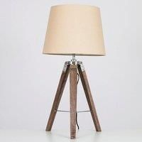 Pair of - Modern Distressed Wood and Silver Chrome Tripod Table Lamps with Beige Tapered Light Shades