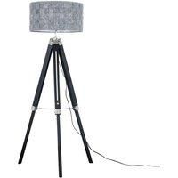 MiniSun Modern Black Wood and Silver Chrome Tripod Floor Lamp with a Grey Felt Weave Design Cylinder Light Shade