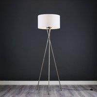Tripod Floor Lamp Standard Light Brushed Chrome Cotton Lampshade LED GLS Bulb
