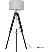 MiniSun Modern Black Wood and Silver Chrome Tripod Floor Lamp with a Grey Drum Shade