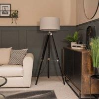 MiniSun Modern Black Wood and Silver Chrome Tripod Floor Lamp with a Grey Drum Shade