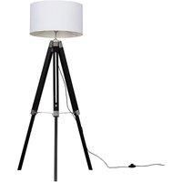 Black Wood Floor Lamp Standard Tripod Light Large Drum Lampshade LED Bulb