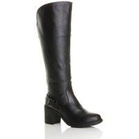 Ajvani Womens Ladies Block high Heel Wide Calf Zip Stretch Biker Knee Boots Size 5 38 Black