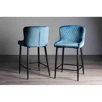 Cezanne - Pair of Petrol Blue Velvet Fabric Bar Stools with Black Legs
