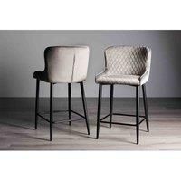 Cezanne - Pair of Grey Velvet Fabric Bar Stools with Sand Black Powder Coated Legs