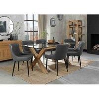 Goya Dining Set - Clear Tempered 6 Seater Dining Table with Light Oak Legs and 6 Cezanne Dark Grey Faux Leather Chairs with Sand Black Powder Coated Legs
