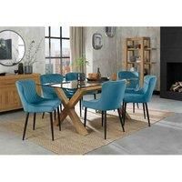 Goya Dining Set - Clear Tempered 6 Seater Dining Table with Light Oak Legs and 6 Cezanne Petrol Blue Velvet Fabric Chairs with Sand Black Powder Coated Legs