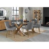 Goya Dining Set - Clear Tempered 6 Seater Dining Table with Light Oak Legs and 6 Cezanne Grey Velvet Fabric Chairs with Sand Black Powder Coated Legs