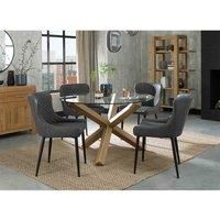 Goya Dining Set - Clear Tempered 4 Seater Dining Table with Light Oak Legs and 4 Cezanne Dark Grey Faux Leather Chairs with Sand Black Powder Coated Legs
