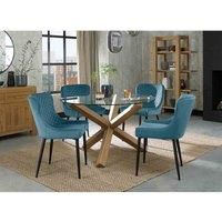 Goya Dining Set - Clear Tempered 4 Seater Dining Table with Light Oak Legs and 4 Cezanne Petrol Blue Velvet Fabric Chairs with Sand Black Powder Coated Legs