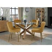 Goya Dining Set - Clear Tempered 4 Seater Dining Table with Light Oak Legs and 4 Cezanne Mustard Velvet Fabric Chairs with Sand Black Powder Coated Legs