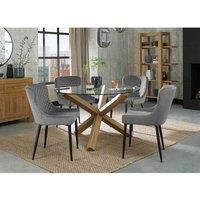 Goya Dining Set - Clear Tempered 4 Seater Dining Table with Light Oak Legs and 4 Cezanne Grey Velvet Fabric Chairs with Sand Black Powder Coated Legs