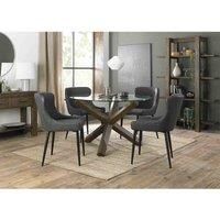 Bentley Designs Cannes Clear Glass 4 Seater Dining Table With Dark Oak Legs & 4 Cezanne Dark Grey Faux Leather Chairs With Black Legs