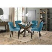 Bentley Designs Cannes Clear Glass 4 Seater Dining Table With Dark Oak Legs & 4 Cezanne Petrol Blue Velvet Fabric Chairs With Black Legs