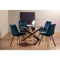 Turin Glass 4 Seater Table - Dark Oak Legs & 4 Fontana Blue Velvet Chairs