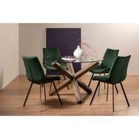 Bentley Designs Cannes Clear Glass 4 Seater Dining Table With Dark Oak Legs & 4 Fontana Green Velvet Fabric Chairs On Black Legs