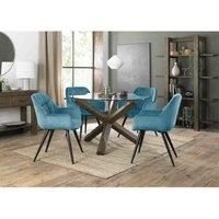 Turin Glass 4 Seater Table - Dark Oak Legs & 4 Dali Petrol Blue Velvet Chairs